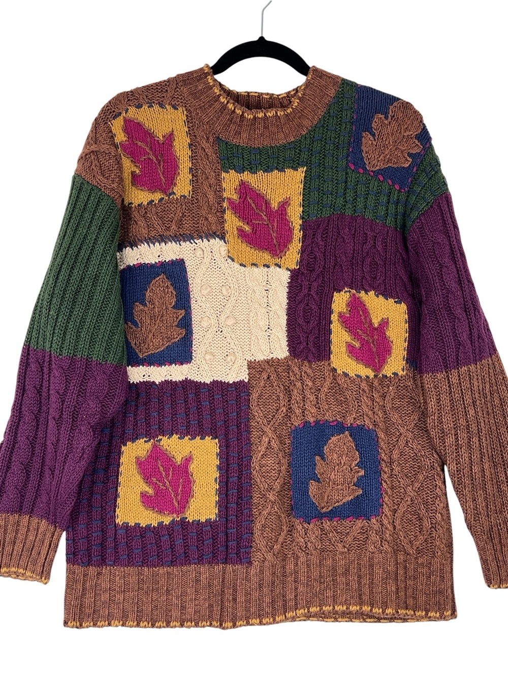 Vintage 90s Autumn Patchwork Sweater Sz S Relaxed Cottagecore Grandmacore
